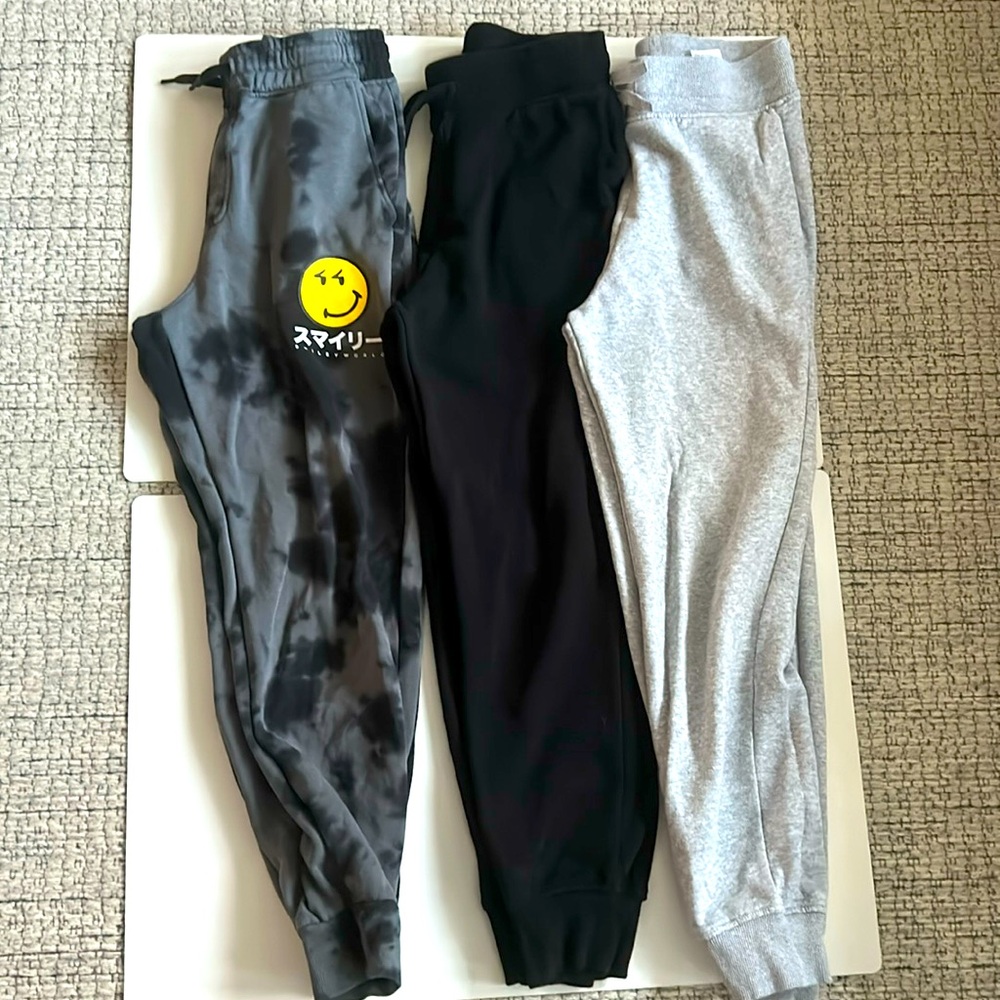 H&M Sweatpants, Set of 3, Gray tie dye, Black, and Gray, 12-13 Yrs
